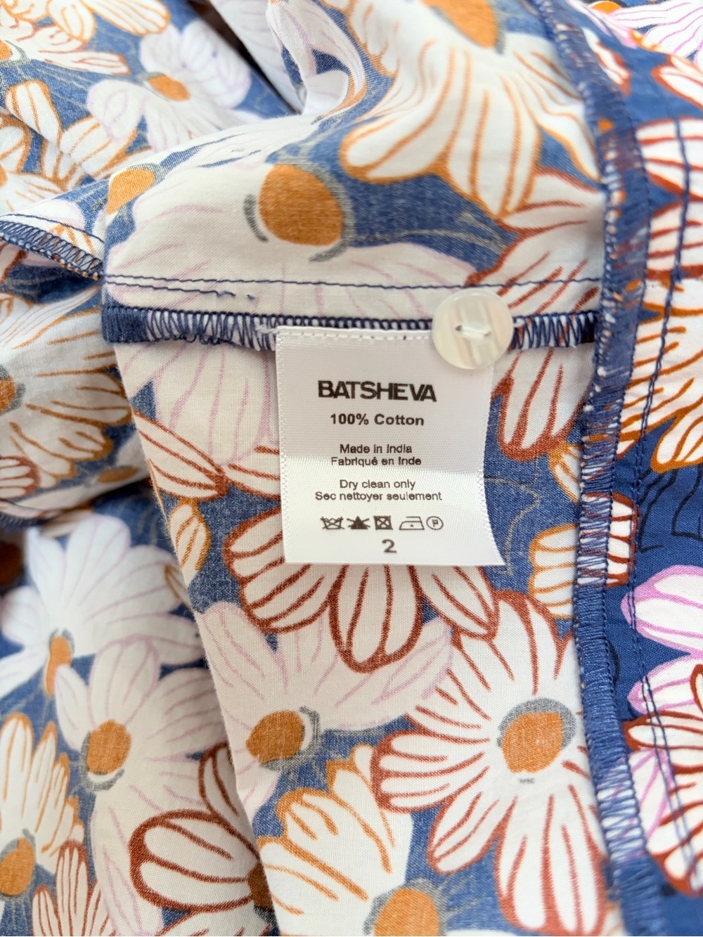 Batsheva Floral Daisy Dress Poplin Long Sleeve Mini Esme Cotton Blue Pink Size 2 - Picture 9 of 10